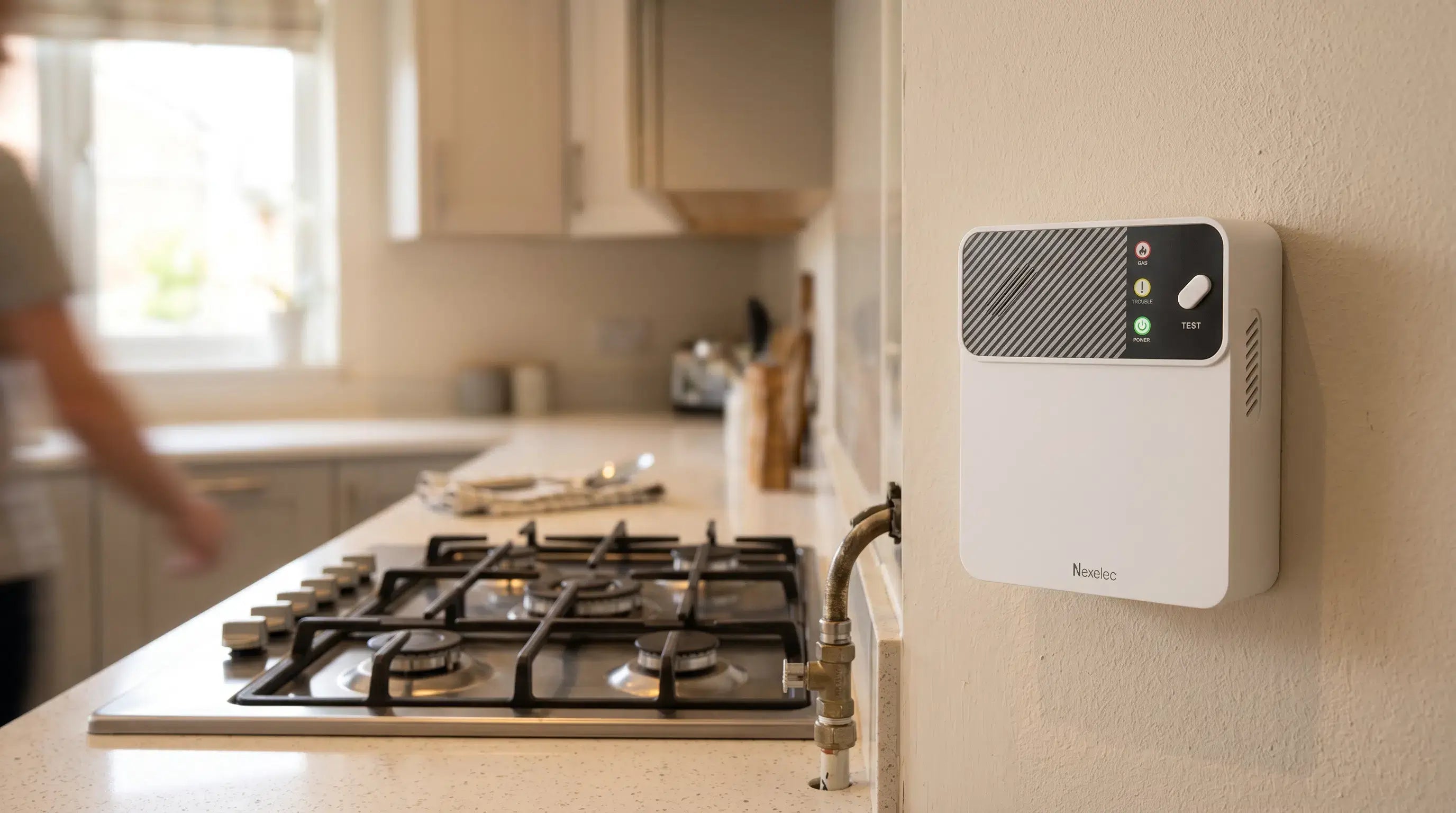 NEXELECT VIGAS Natural Gas Detector mounted near a gas cooking appliance