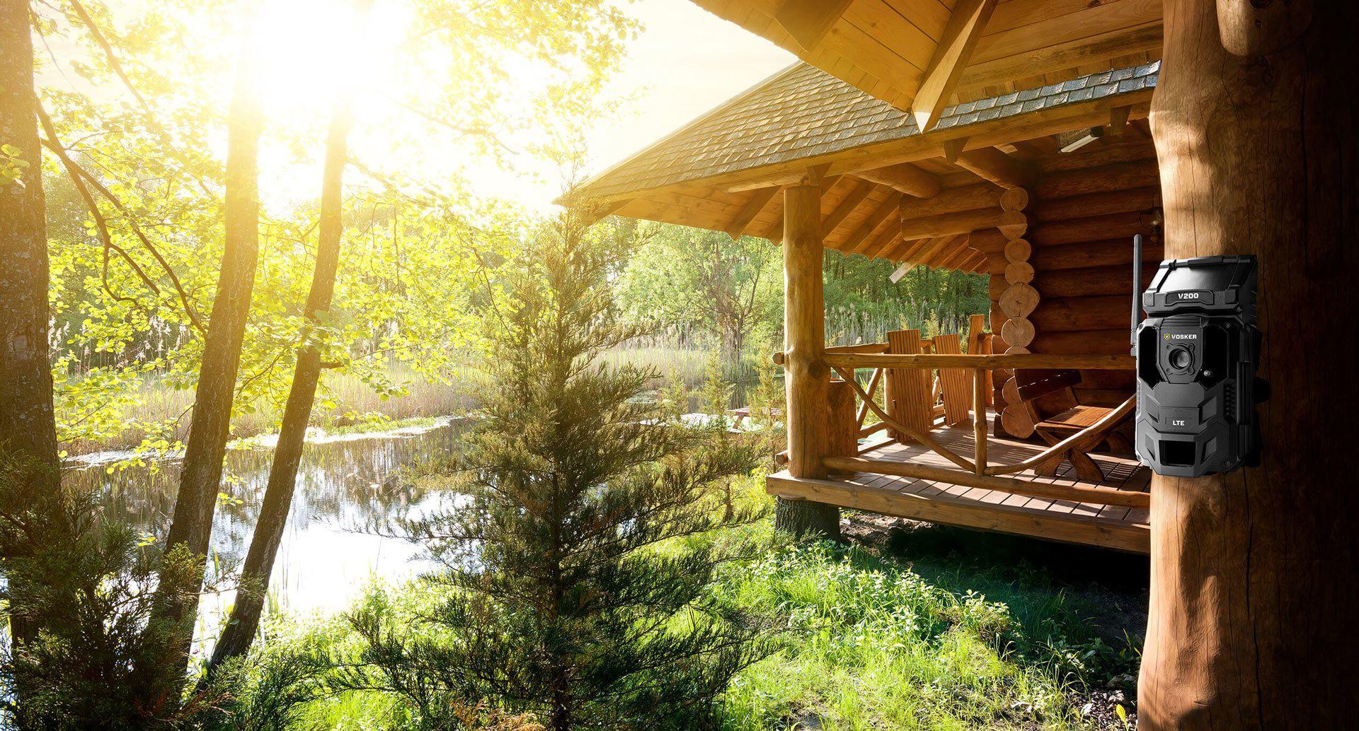 A Vosker solar-powered cellular security camera installed on lakefront cabin.