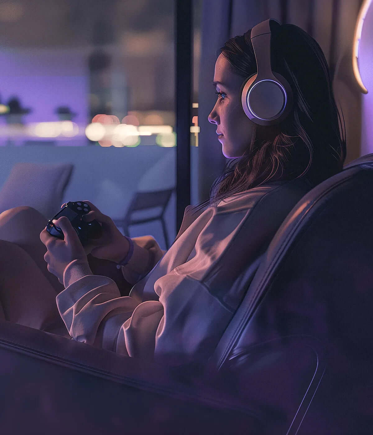 A yound woman playing video games.